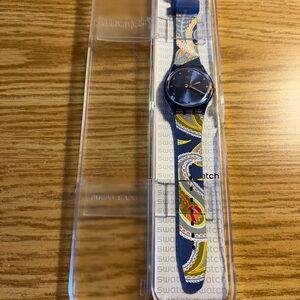 Swatch Navy Dial Watch with Multicolor Paisley Strap